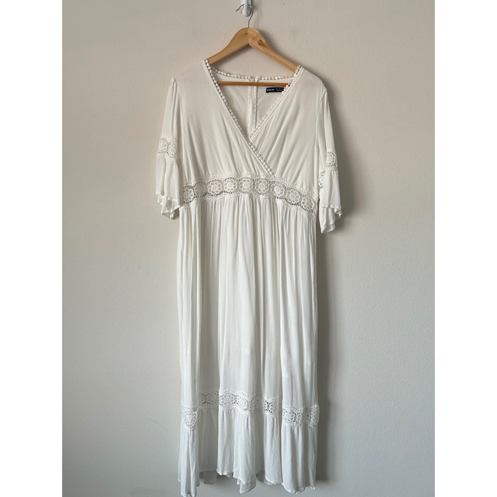 Maternity Baby Shower White Dress Boho Crochet Lace Cottagecore Coastal Midi XL